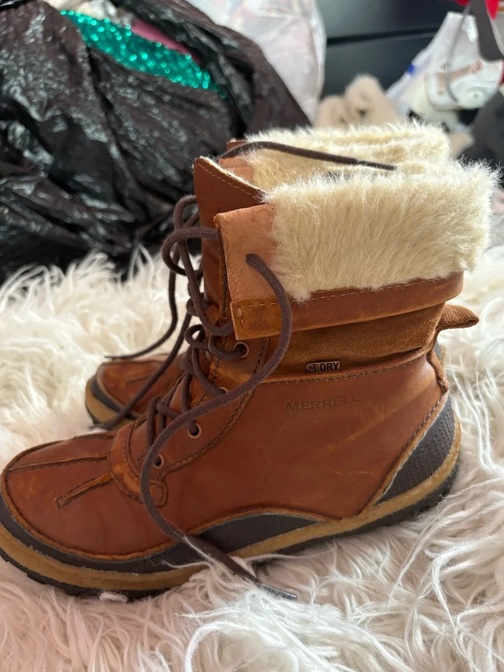 Merrell Tremblant Waterproof Leather Faux Fur Winter Boots Brown Women’s 7.5